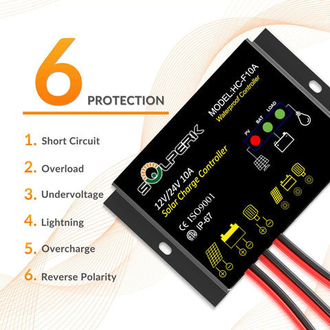 Off Grid Ready 10A Solar Charge Controller For 12V And 24V Systems, IP67 Waterproof PWM Battery Regulator, 6 protections