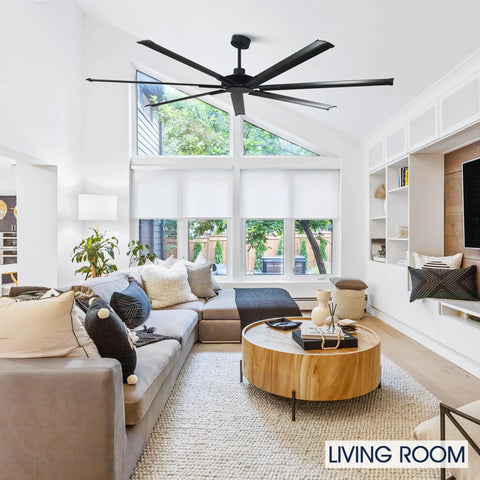 100 Inch Black Industrial Ceiling Fan No Light With Remote Control in a modern living room setting, 7 aluminum blades visible.