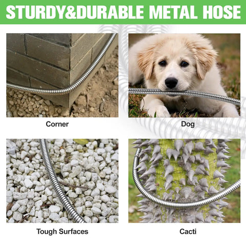 Heavy Duty Stainless Steel Garden Hose 150 Ft With Three Quarter Inch Brass Fittings, Kink Free And Rust Proof displayed in various settings