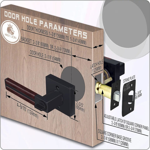 Six Pack Leather Wrapped Interior Door Handles With Keyless Privacy Lock Matte Black Lever Set For Bedroom And Bathroom Doors, Soft Brown Leather Grip, Easy Install, Modern Home Upgrade, illustrating door hole parameters.