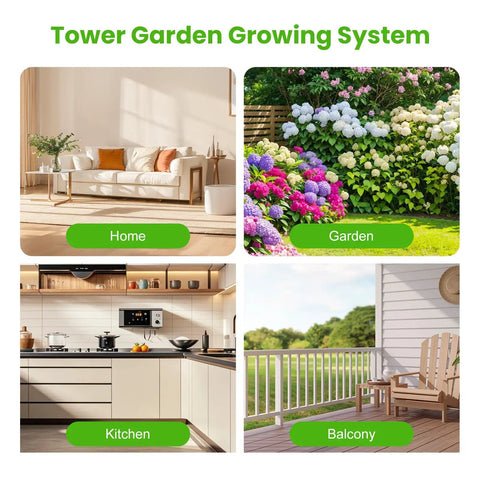 Collage of home, garden, kitchen, and balcony settings for Space Saving 6 Tier Hydroponic Grow Tower Kit With 30 Planting Sites And Water Pump Self Watering Vertical Garden For Lettuce Herbs Strawberries Vegetables Flowers 34 Inches Tall White Totally Easy To Grow.