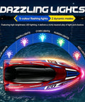 Top view of LED Light RC Boat With Dual Brushless Motors, featuring colorful LED lighting on a dark water background.