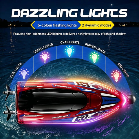 Top view of LED Light RC Boat With Dual Brushless Motors, featuring colorful LED lighting on a dark water background.