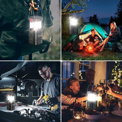 4 Pack LED Camping Lanterns With Solar USB Rechargeable AA Battery Power Options shown in camping, hiking, garage, and home dinner settings.
