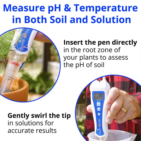Soil pH Pen Digital Meter and Water Test Kit for Hydroponics in use measuring plant root soil and solution pH for accuracy