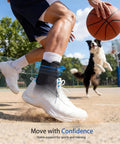 Ultimate 360 Degree Ankle Support Brace For Men And Women Lace Up Neoprene Ankle Wrap on basketball player with dog
