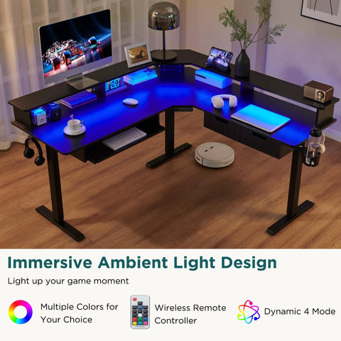 60 Inch L Shaped Electric Standing Desk With Height Memory, LED RGB lights, monitor shelf, carbon fiber black, desk setup
