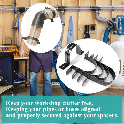 Tough As Nails Adjustable Dust Collection Hose Hangers And Pipe Wall Mounts, Flexible Clips For Shop Vacuums And Power Tools, Heavy Duty Black Brackets With 2.5 Inch Grip, Five Piece Workshop Kit on workbench.