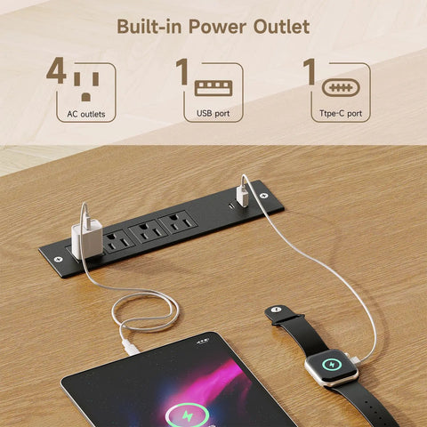 Built-in power outlet with 4 AC outlets, 1 USB port, and 1 Type-C port on a desk, ideal for ergonomic workspace setups.
