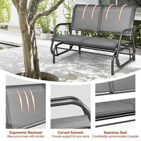 Built For Two Patio Glider With Rocking Swing Bench For Outdoor Chill Heavy Duty Steel Frame Breathable Seat Fabric Double Rocker Loveseat Chair For Poolside Garden Backyard And Porch showing ergonomic backrest and curved armrest