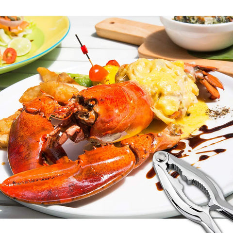 Heavy Duty Crab Leg Crackers Set Four Pack For Shellfish on a table with lobster dinner