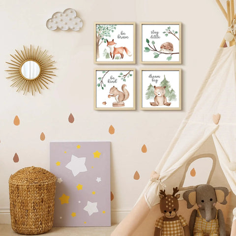 Framed Woodland Nursery Wall Art 4 Pack Cute Forest Animals Prints for Baby Kids Bedroom and Playroom Gallery Wall Set, 10x10 Inch Artwork Featuring Be Brave, Stay Little, Be Kind, Dream Big on nursery wall.