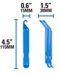 Blue tire levers from On The Go Cyclist Essential Tool Kit With Tire Levers, Fold Up Hex And Screwdriver, Emergency Tire Boots, Pre Glued Tube Patches, And A Handy Wallet Built For Quick Fixes At Home Or On The Road, shown with measurements 4.5 inches by 1.5 inches.