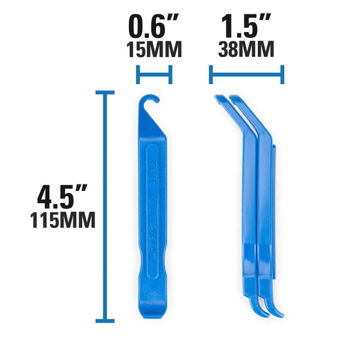 Blue tire levers from On The Go Cyclist Essential Tool Kit With Tire Levers, Fold Up Hex And Screwdriver, Emergency Tire Boots, Pre Glued Tube Patches, And A Handy Wallet Built For Quick Fixes At Home Or On The Road, shown with measurements 4.5 inches by 1.5 inches.