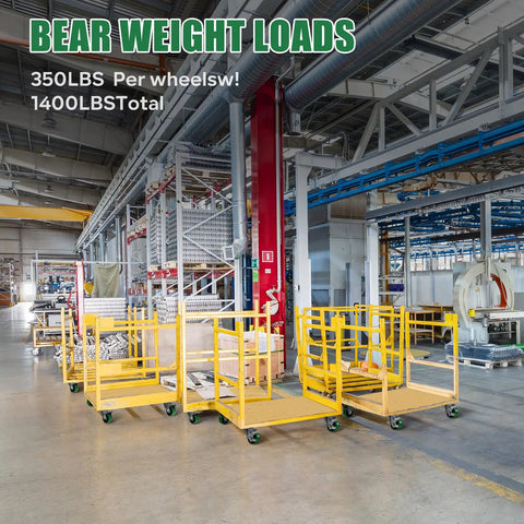 Built Tough 3 Inch Polyurethane Heavy Duty Casters Roll Smooth Swivel Wheels Hold 700 Lbs Zero Scratch Marks On Industrial Floors Made For Utility Carts And Workbenches Set Of Two with yellow carts in a warehouse.
