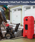 60L Portable Fuel Caddy On Wheels With 10 Ft Delivery Hose And Siphon Pump Heavy Duty Poly Gas Can For Gasoline And Diesel Ideal For Cars Lawn Mowers ATVs Boats Easy Pour Leak Proof Storage being used to refuel a snowblower in a driveway.