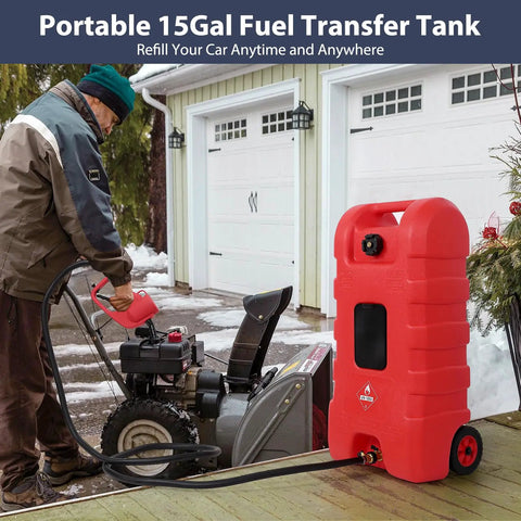 60L Portable Fuel Caddy On Wheels With 10 Ft Delivery Hose And Siphon Pump Heavy Duty Poly Gas Can For Gasoline And Diesel Ideal For Cars Lawn Mowers ATVs Boats Easy Pour Leak Proof Storage being used to refuel a snowblower in a driveway.