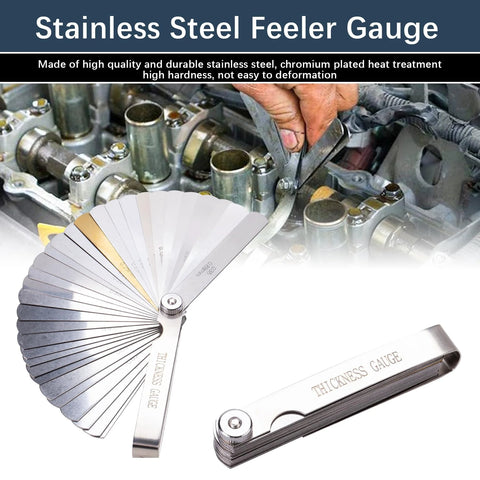 Automotive piston ring compressor kit with adjustable 2-1/8 to 7 in range; includes stainless steel feeler gauge blades.