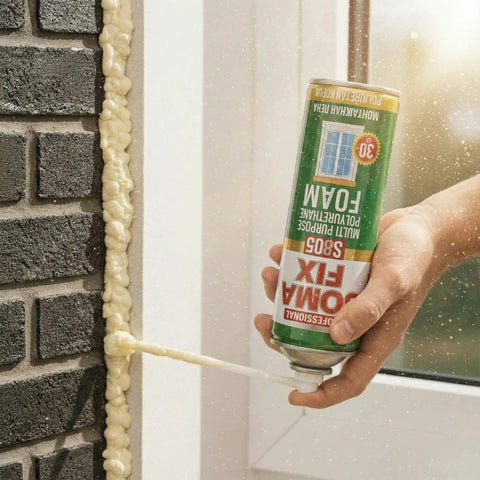 Heavy Duty Expanding Polyurethane Spray Foam 17 Oz Multi Purpose Gap Filler applied to window frame for insulation.