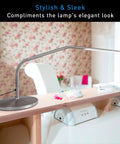 Non Slip Freestanding Desk Lamp Base For Slimline Models, Brushed Steel Finish, displayed on a desk with floral wallpaper.
