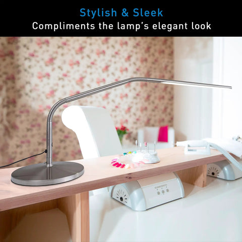 Non Slip Freestanding Desk Lamp Base For Slimline Models, Brushed Steel Finish, displayed on a desk with floral wallpaper.