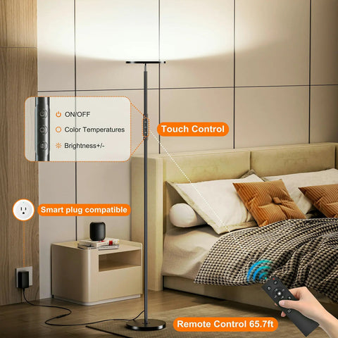 Crazy Bright LED Floor Lamp With Stepless Dimming And Remote Control, 69 Inch Torchiere Corner Lamp in bedroom setting