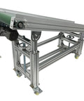 Badass Inclined Conveyor System With Non Slip PVC Belt Tilt Action For Warehouse Moves Adjustable Aluminum Frame, showing motor and rollers.