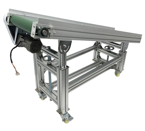 Badass Inclined Conveyor System With Non Slip PVC Belt Tilt Action For Warehouse Moves Adjustable Aluminum Frame, showing motor and rollers.