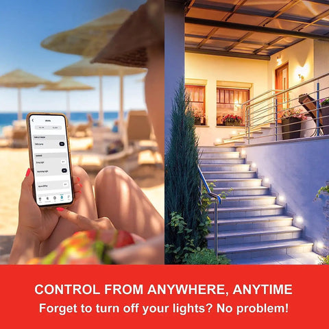 App displaying control of Smart Edison Bulbs 4 Pack With Alexa Auto Pairing Vintage ST19 LED Bulbs 2000K Warm White at a beach and home.