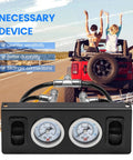 Front view of panel paddle valve switch with two air suspension pressure gauges and fittings for car air bag system.