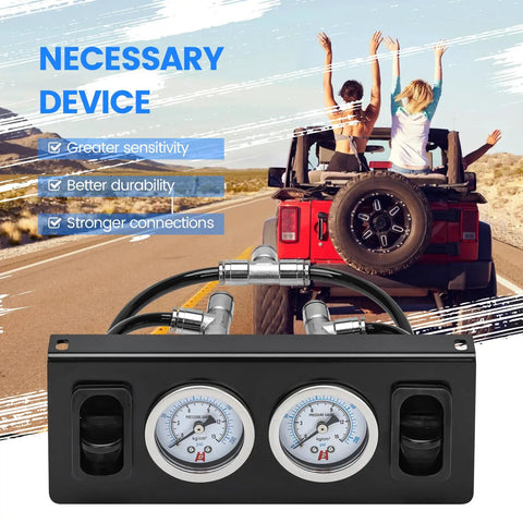 Front view of panel paddle valve switch with two air suspension pressure gauges and fittings for car air bag system.