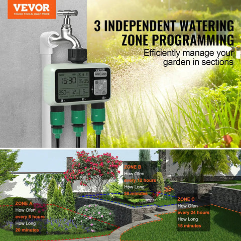 Three Zone Hose Water Timer With Independent Outlets And LCD Display showing garden zones and timing.