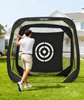 Golfer using Golf Pop Up Practice Net 6X6X3Ft Portable For Backyard Garage Training And Driving Range Use Dope Nylon Netting