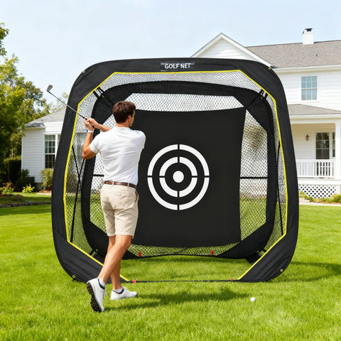 Golfer using Golf Pop Up Practice Net 6X6X3Ft Portable For Backyard Garage Training And Driving Range Use Dope Nylon Netting