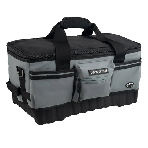 18 Inch FlatTop Weather Resistant Tool Bag With All Terrain Bottom And Weatherproof Front Pocket 12 Interior Pockets Removable Padded Shoulder Strap Gray Assembled In The USA