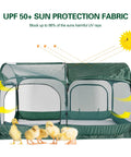 Pop Up Chicken Run Portable Pen With Three Doors featuring UV protection fabric, with chicks inside, green mesh, outdoor garden coop.