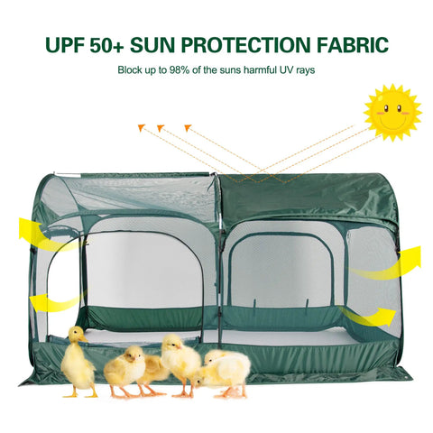 Pop Up Chicken Run Portable Pen With Three Doors featuring UV protection fabric, with chicks inside, green mesh, outdoor garden coop.