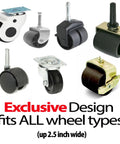 Universal Bed Wheel Stopper Set Six Pack For Furniture Casters shown with various caster types
