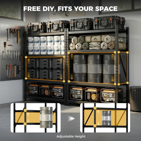 Beefy Heavy Duty Storage Shelves With 6000 Lb Capacity, 61 Inch Wide By 24 Inch Deep By 72 Inch High Industrial Steel Shelving Unit, 1 Mm Main Frame And 4 Mm Solid Wire, Built To Handle Heavy Loads Without Sag. black steel garage shelving with tools, bins, and drums