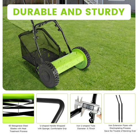 Manual Push Reel Lawn Mower With 12 Inch Cutting Width And 5 Blade System, Walk Behind Garden Mower With Adjustable Height, No Gas No Fumes Eco Friendly Quiet Yard Care For Small Lawns, steel frame and bag