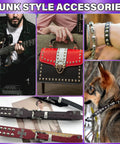 Collage showing punk style accessories featuring 455 Piece Punk Studs Kit For Clothing And Accessories With Metal Spikes And Leather Rivets