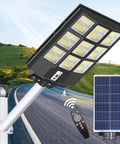 800W LED Solar Street Light Outdoor With Motion Sensor, Remote, Dusk To Dawn, IP66 Waterproof, mounted on arm pole