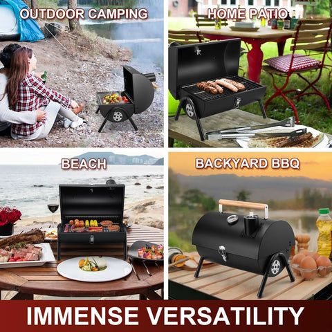 Portable Charcoal Grill With Thermometer, Tabletop BBQ Grill for Camping and Backyard Parties, Heavy Duty Extra Thick Steel