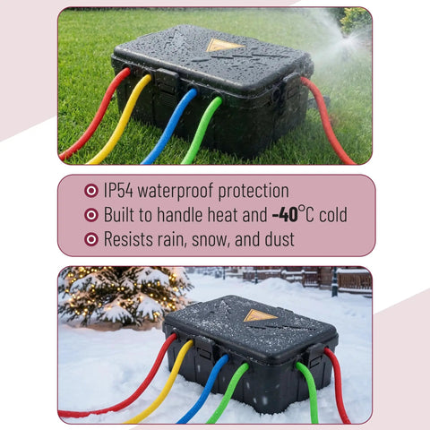 Large Outdoor Electrical Box Waterproof Weatherproof Enclosure Black For Protecting Extension Cords Plugs Sockets Timers And Power Strips Made From Heavy Duty Plastic Measures 12.5 By 8.5 By 5 Inches. Waterproof outdoor cord box in grass with cables, black heavy-duty plastic enclosure