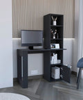 Boss Level Gaming Standing Desk With Smooth Hydraulic Lifts And Zero Sweat Interlocking Assembly For Rugged Modular Home Office Workstation Configuration in a modern gray finish with shelves.