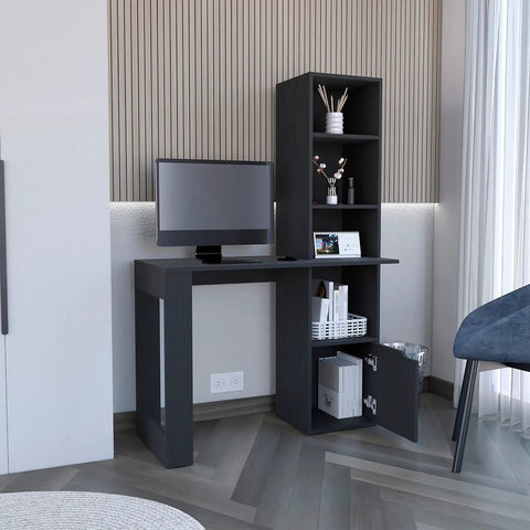 Boss Level Gaming Standing Desk With Smooth Hydraulic Lifts And Zero Sweat Interlocking Assembly For Rugged Modular Home Office Workstation Configuration in a modern gray finish with shelves.