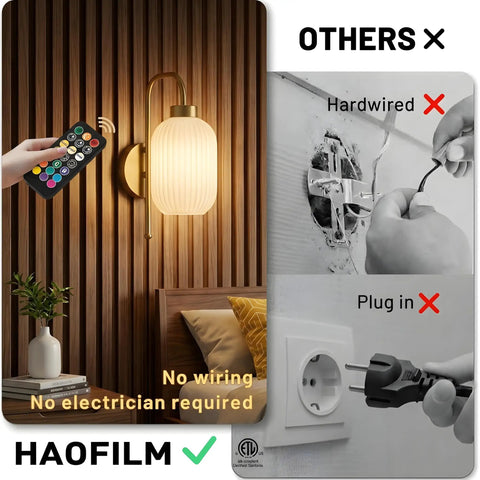 HAOFILM Battery Operated Wall Sconces Set of 2 shown with remote, highlighting no wiring and vintage brass design.