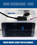 Waterproof Go-To Motorcycle Dual USB Charger Kit with phone submerged in water during IP68 waterproof test.