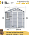 Sturdy 6x4.4 Ft Outdoor Resin Storage Shed With Reinforced Floor Lockable Door Window And Vent All Weather Bike And Tool Storage For Garden Backyard Patio And Lawn, dimensions and packaging details visible
