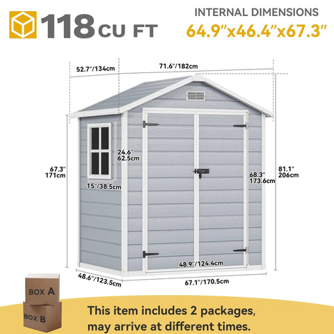Sturdy 6x4.4 Ft Outdoor Resin Storage Shed With Reinforced Floor Lockable Door Window And Vent All Weather Bike And Tool Storage For Garden Backyard Patio And Lawn, dimensions and packaging details visible